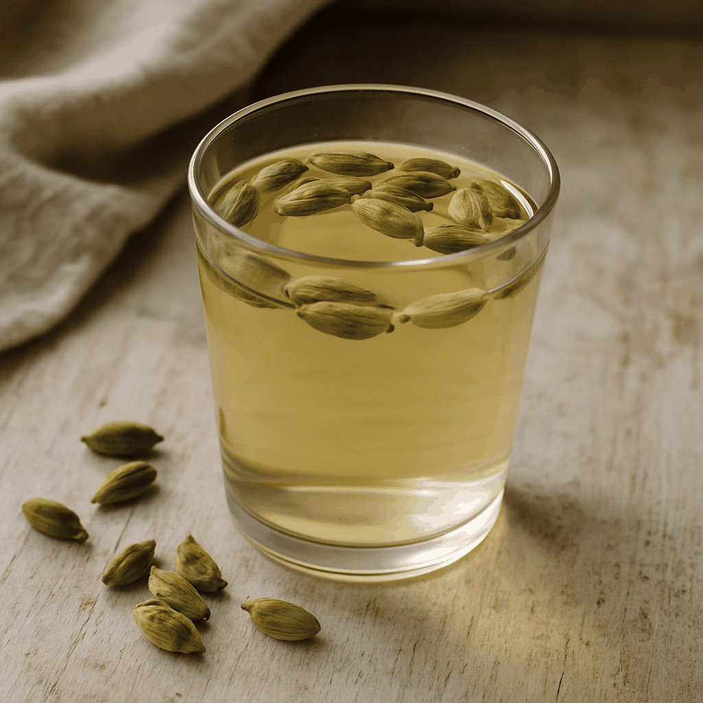 Glass of cardamom-infused water with green cardamom pods