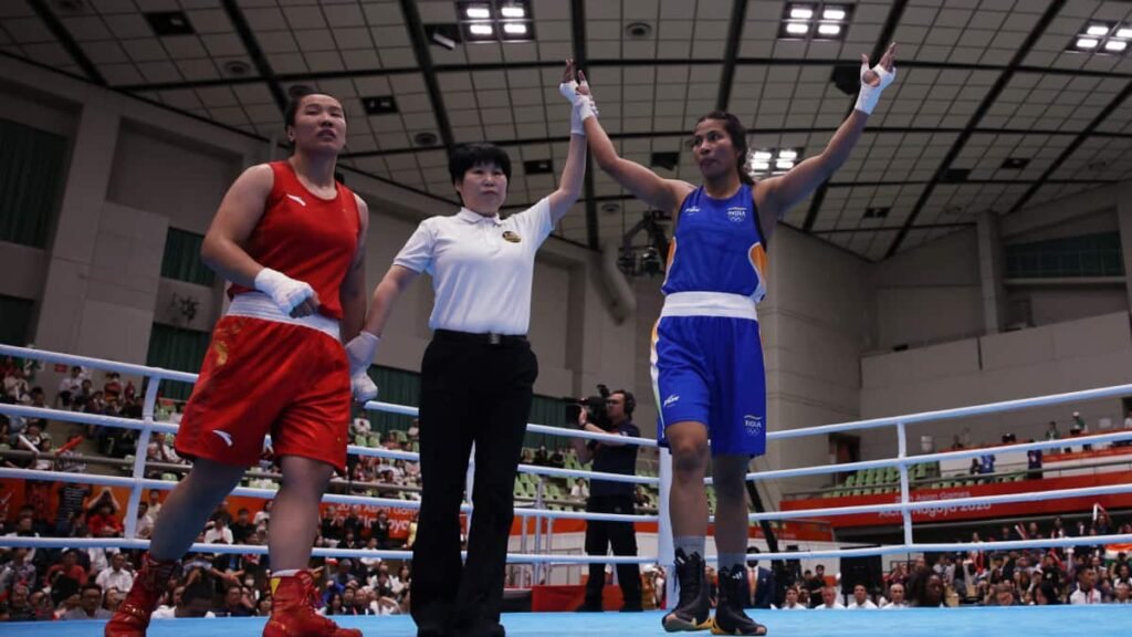 Lovlina Borgohain celebrates after winning gold in women’s 75kg boxing at Asian Games 2026